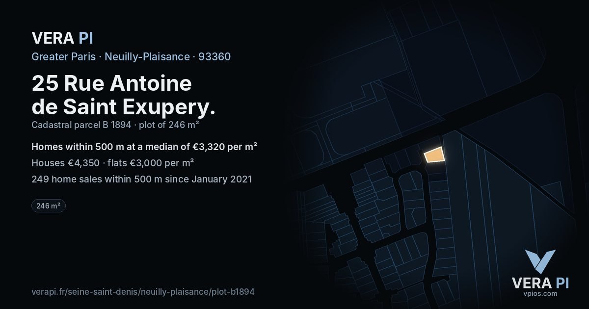 25 Rue Antoine de Saint Exupery, Neuilly-Plaisance at night – the plot lit, the parcels around coloured by the prices near them