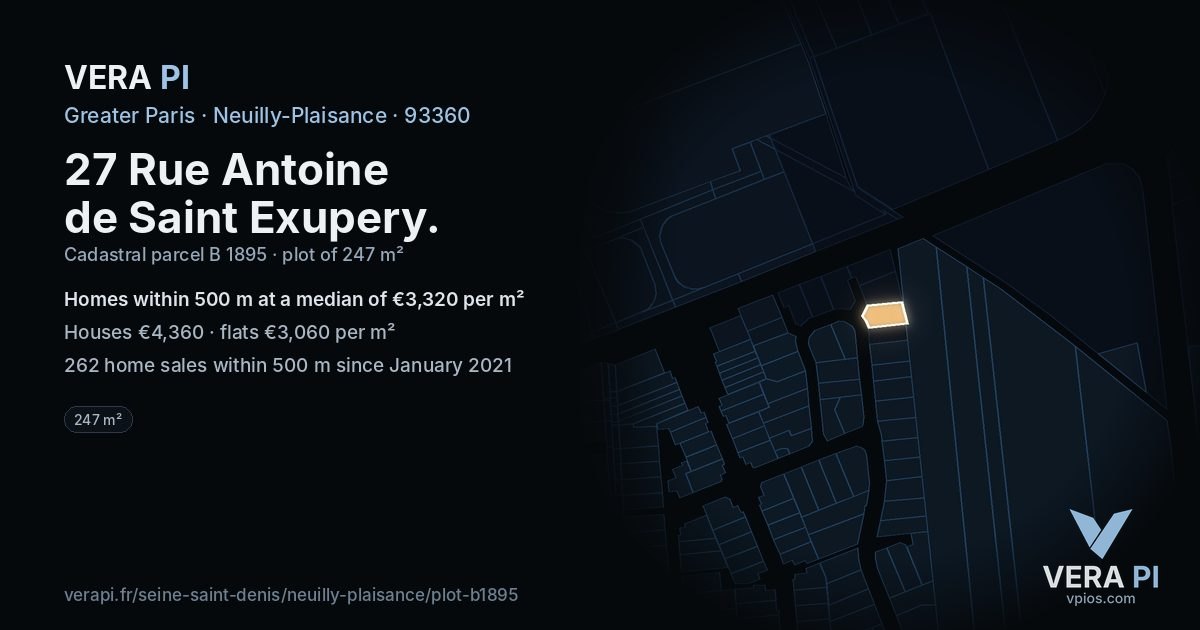 27 Rue Antoine de Saint Exupery, Neuilly-Plaisance at night – the plot lit, the parcels around coloured by the prices near them