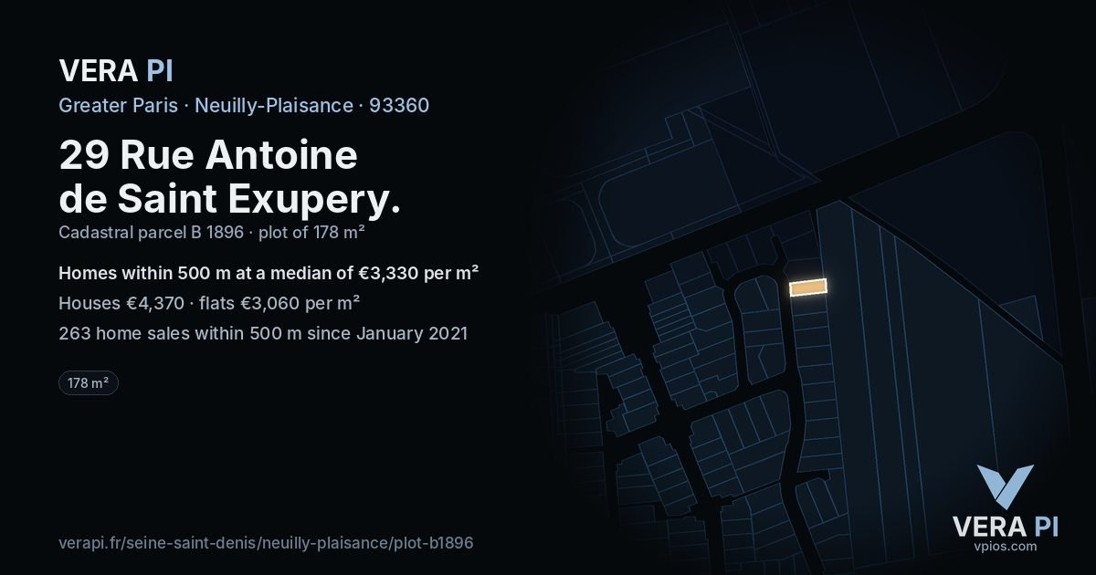 29 Rue Antoine de Saint Exupery, Neuilly-Plaisance at night – the plot lit, the parcels around coloured by the prices near them