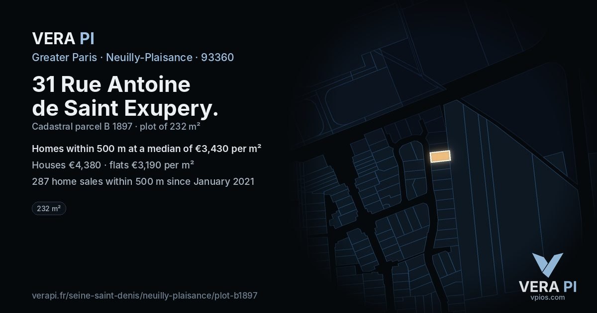 31 Rue Antoine de Saint Exupery, Neuilly-Plaisance at night – the plot lit, the parcels around coloured by the prices near them