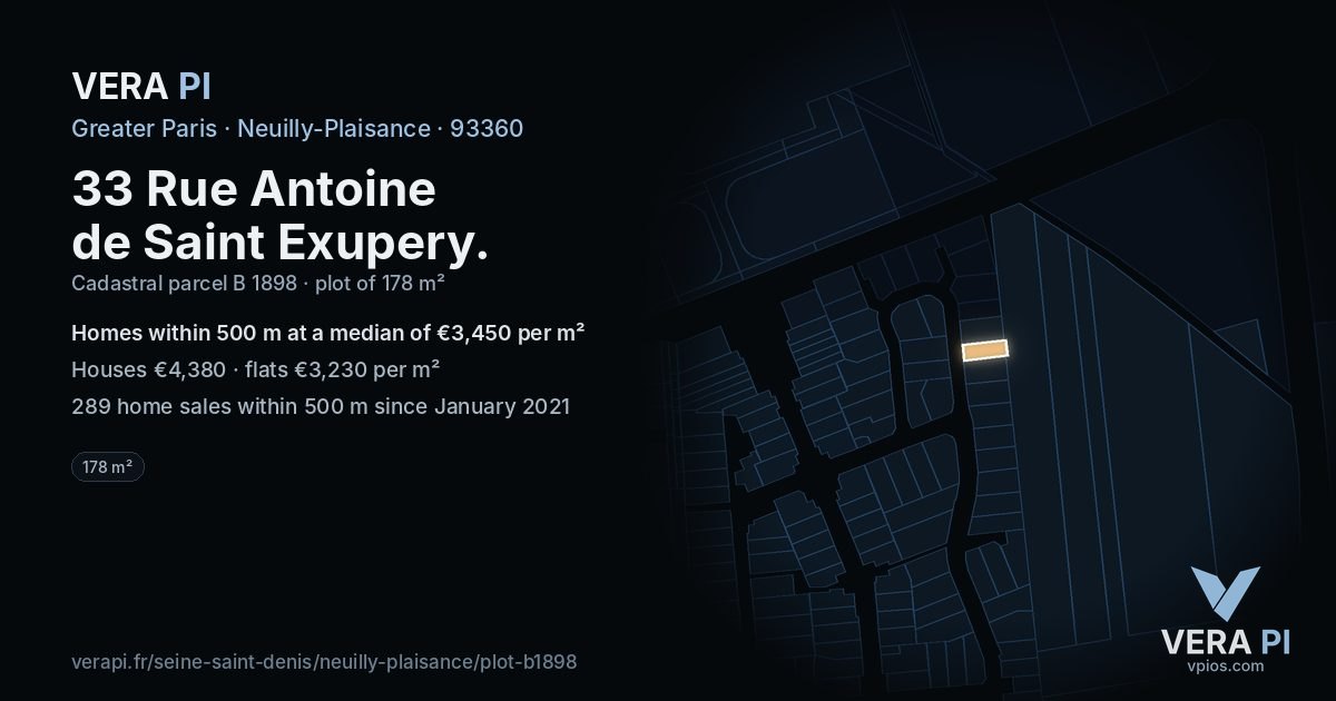 33 Rue Antoine de Saint Exupery, Neuilly-Plaisance at night – the plot lit, the parcels around coloured by the prices near them