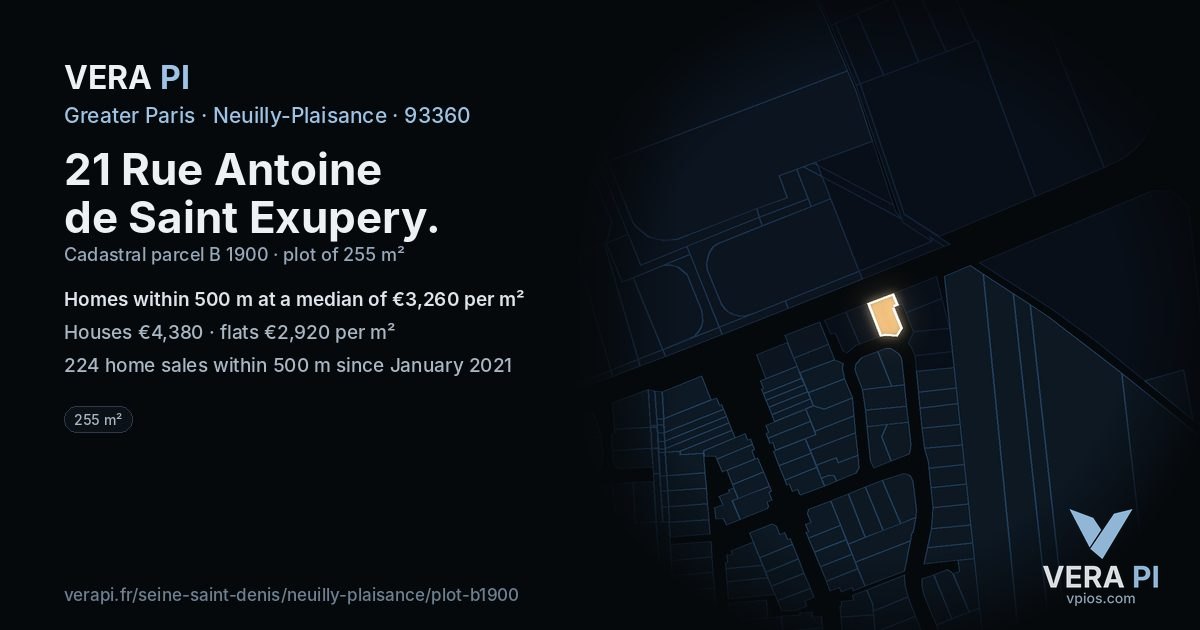 21 Rue Antoine de Saint Exupery, Neuilly-Plaisance at night – the plot lit, the parcels around coloured by the prices near them