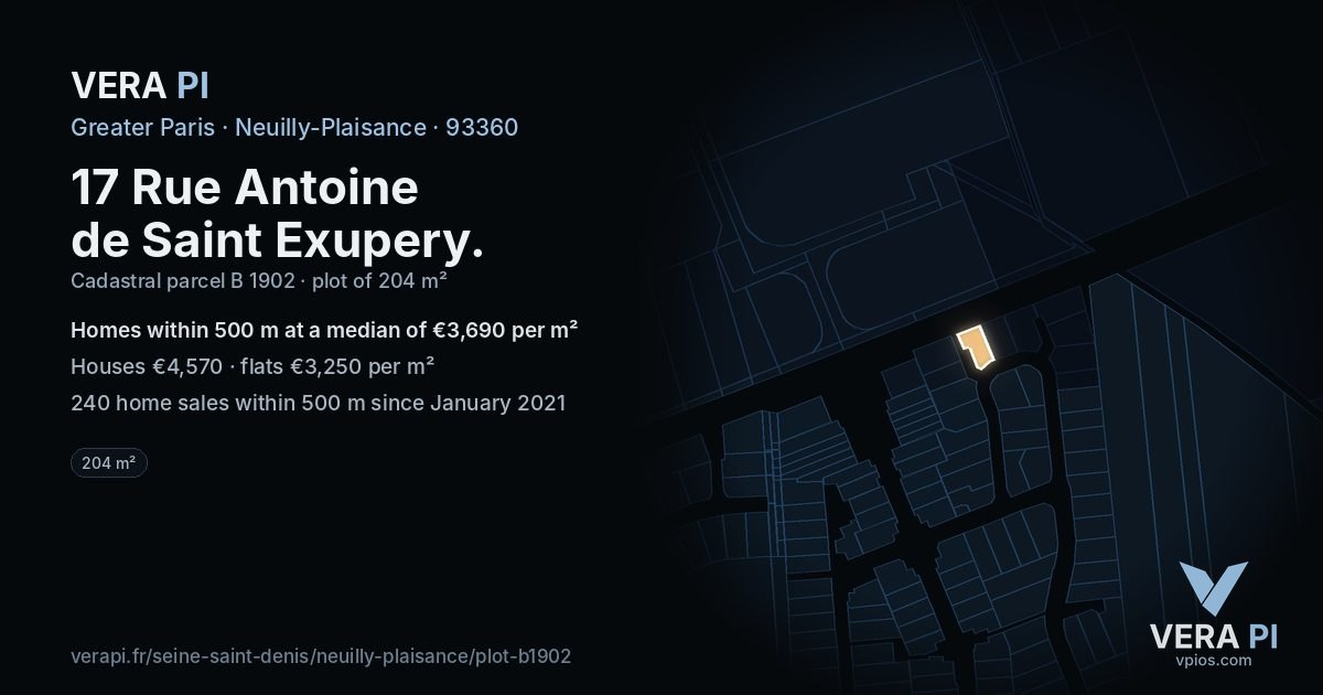17 Rue Antoine de Saint Exupery, Neuilly-Plaisance at night – the plot lit, the parcels around coloured by the prices near them
