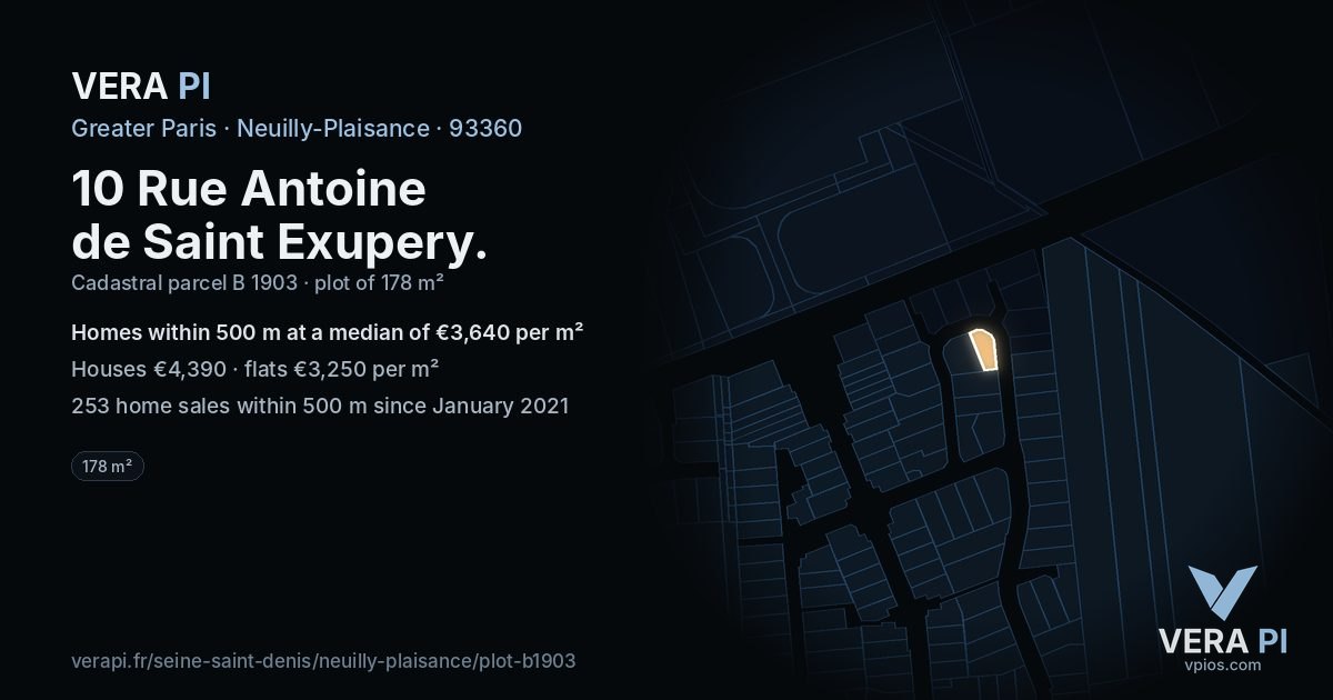 10 Rue Antoine de Saint Exupery, Neuilly-Plaisance at night – the plot lit, the parcels around coloured by the prices near them