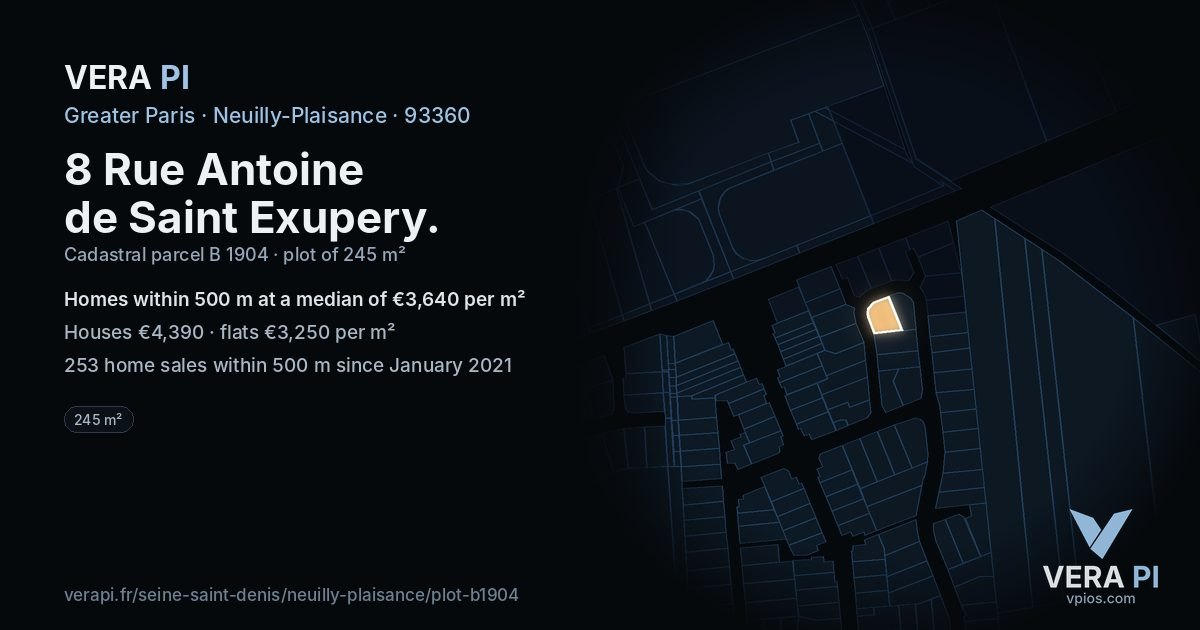 8 Rue Antoine de Saint Exupery, Neuilly-Plaisance at night – the plot lit, the parcels around coloured by the prices near them