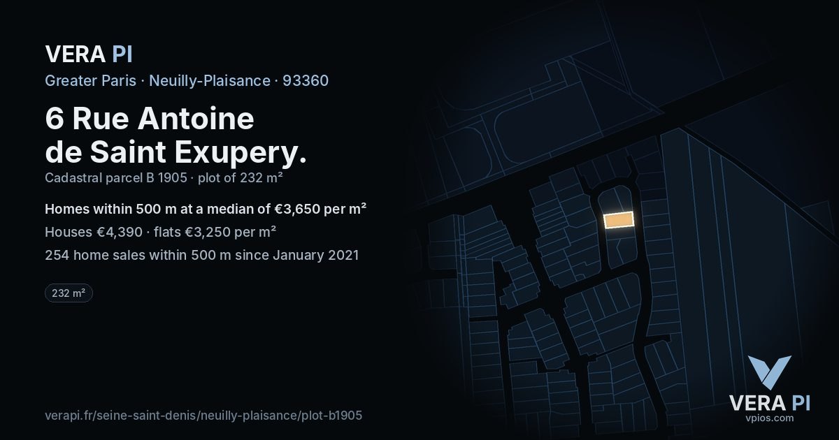 6 Rue Antoine de Saint Exupery, Neuilly-Plaisance at night – the plot lit, the parcels around coloured by the prices near them