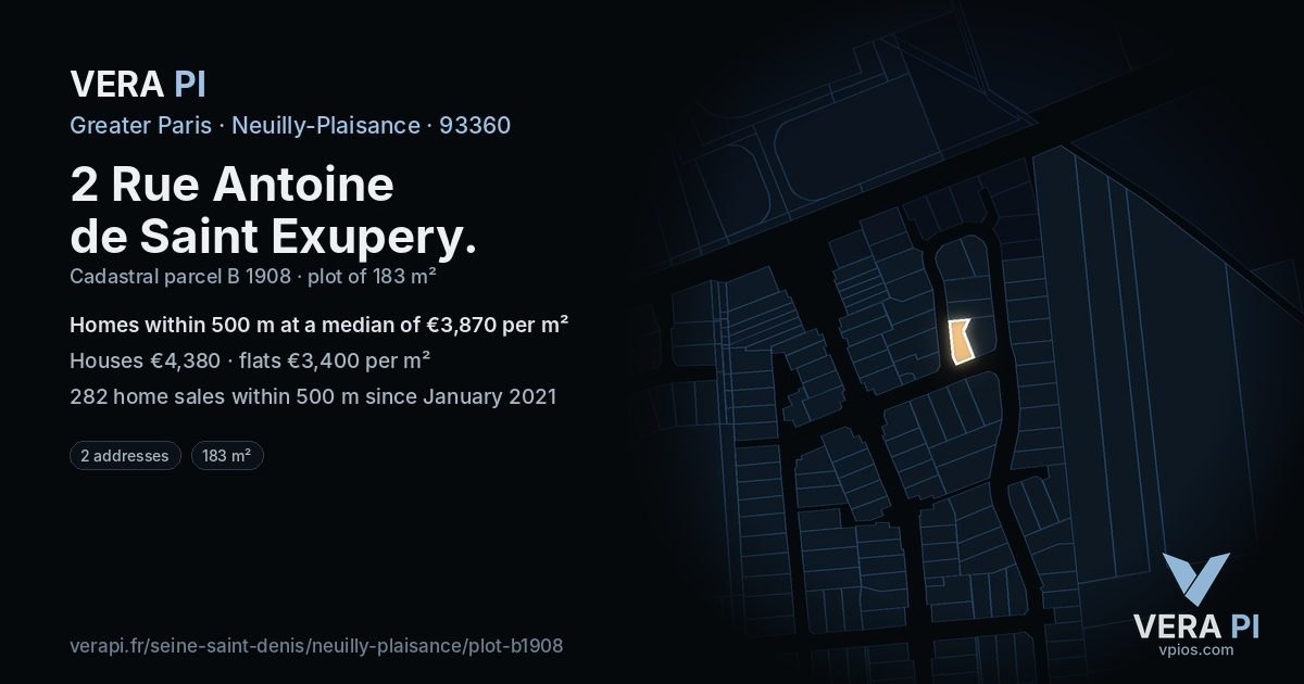 2 Rue Antoine de Saint Exupery, Neuilly-Plaisance at night – the plot lit, the parcels around coloured by the prices near them