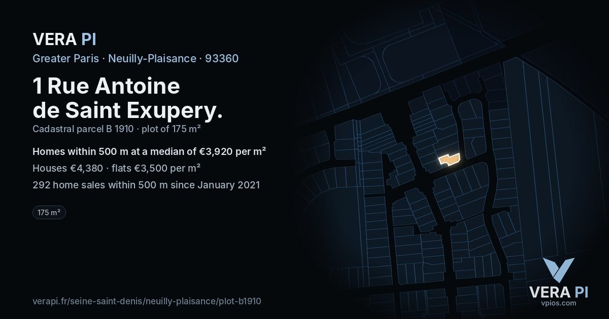 1 Rue Antoine de Saint Exupery, Neuilly-Plaisance at night – the plot lit, the parcels around coloured by the prices near them