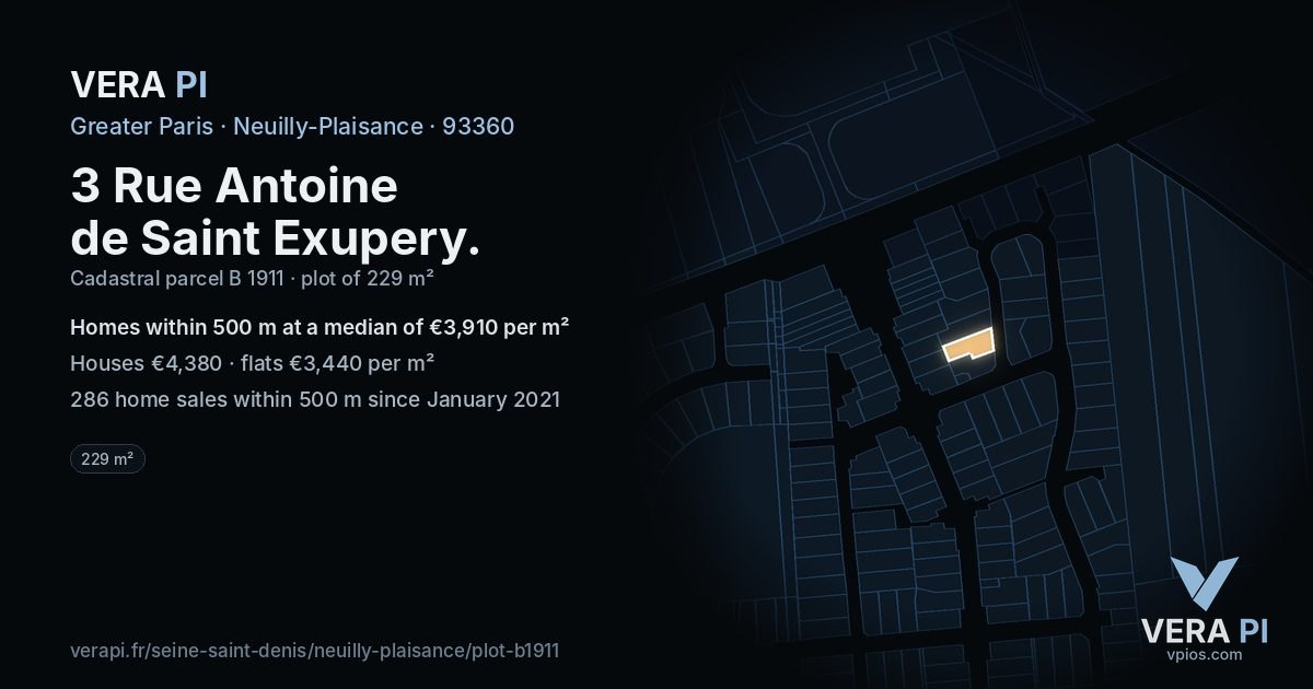 3 Rue Antoine de Saint Exupery, Neuilly-Plaisance at night – the plot lit, the parcels around coloured by the prices near them