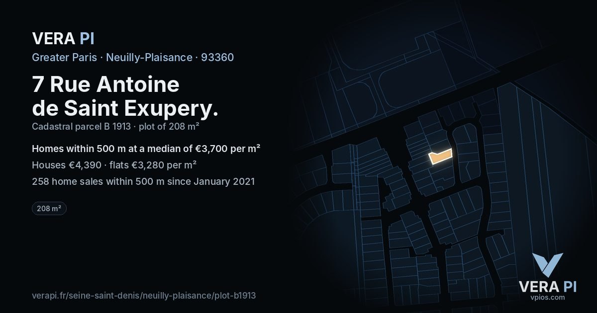 7 Rue Antoine de Saint Exupery, Neuilly-Plaisance at night – the plot lit, the parcels around coloured by the prices near them