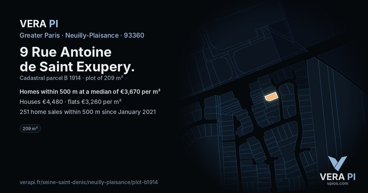 9 Rue Antoine de Saint Exupery, Neuilly-Plaisance at night – the plot lit, the parcels around coloured by the prices near them