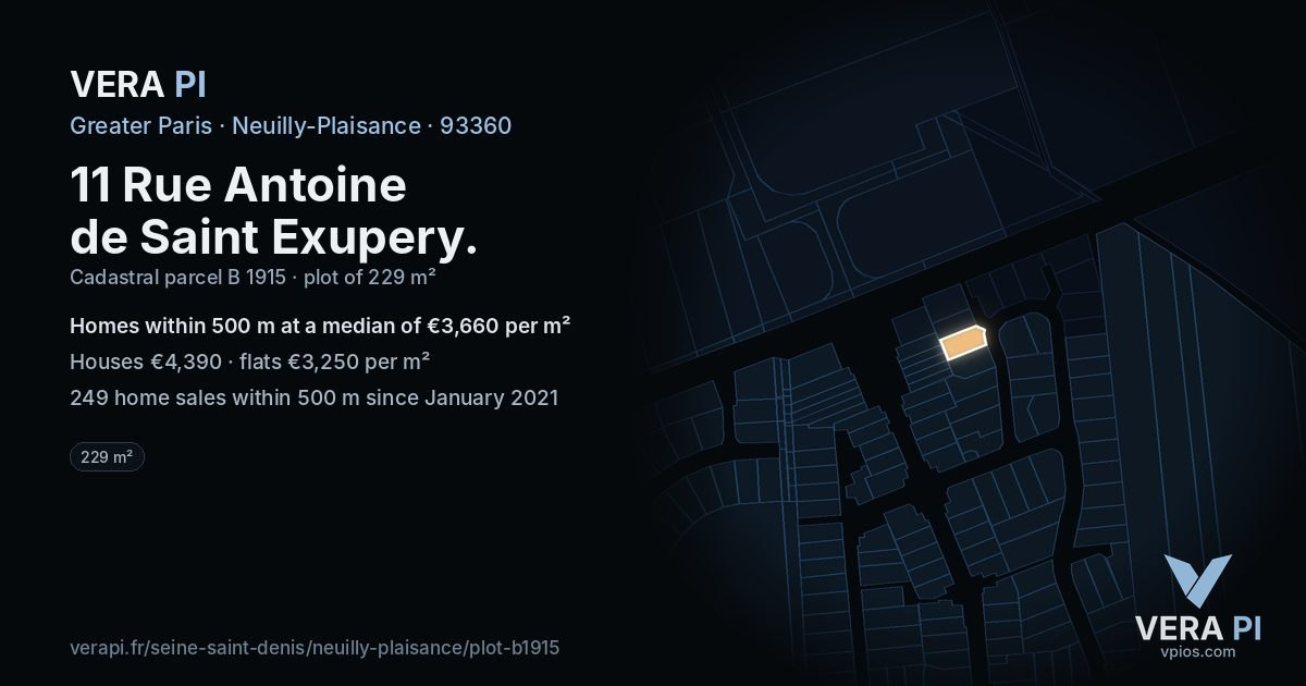 11 Rue Antoine de Saint Exupery, Neuilly-Plaisance at night – the plot lit, the parcels around coloured by the prices near them