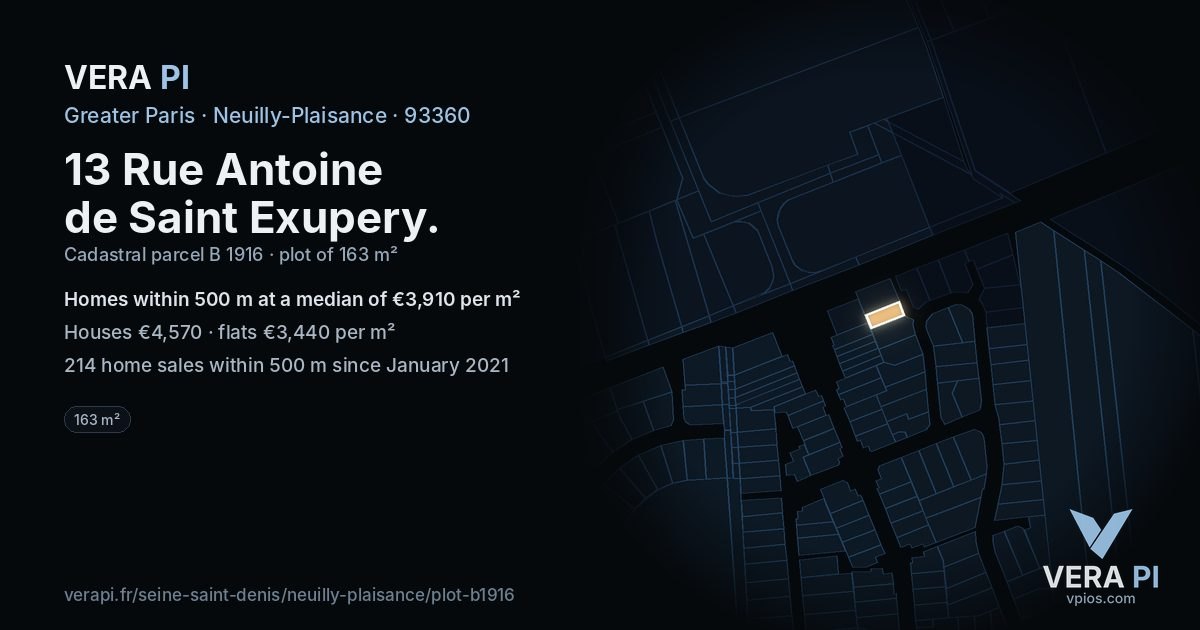 13 Rue Antoine de Saint Exupery, Neuilly-Plaisance at night – the plot lit, the parcels around coloured by the prices near them