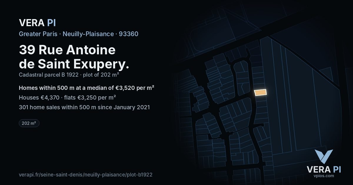 39 Rue Antoine de Saint Exupery, Neuilly-Plaisance at night – the plot lit, the parcels around coloured by the prices near them