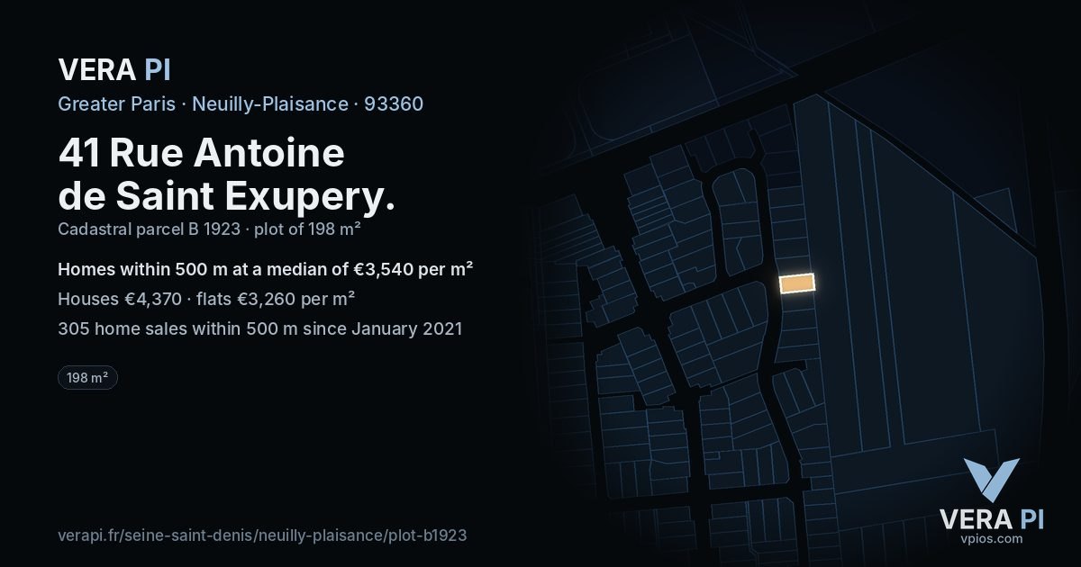 41 Rue Antoine de Saint Exupery, Neuilly-Plaisance at night – the plot lit, the parcels around coloured by the prices near them
