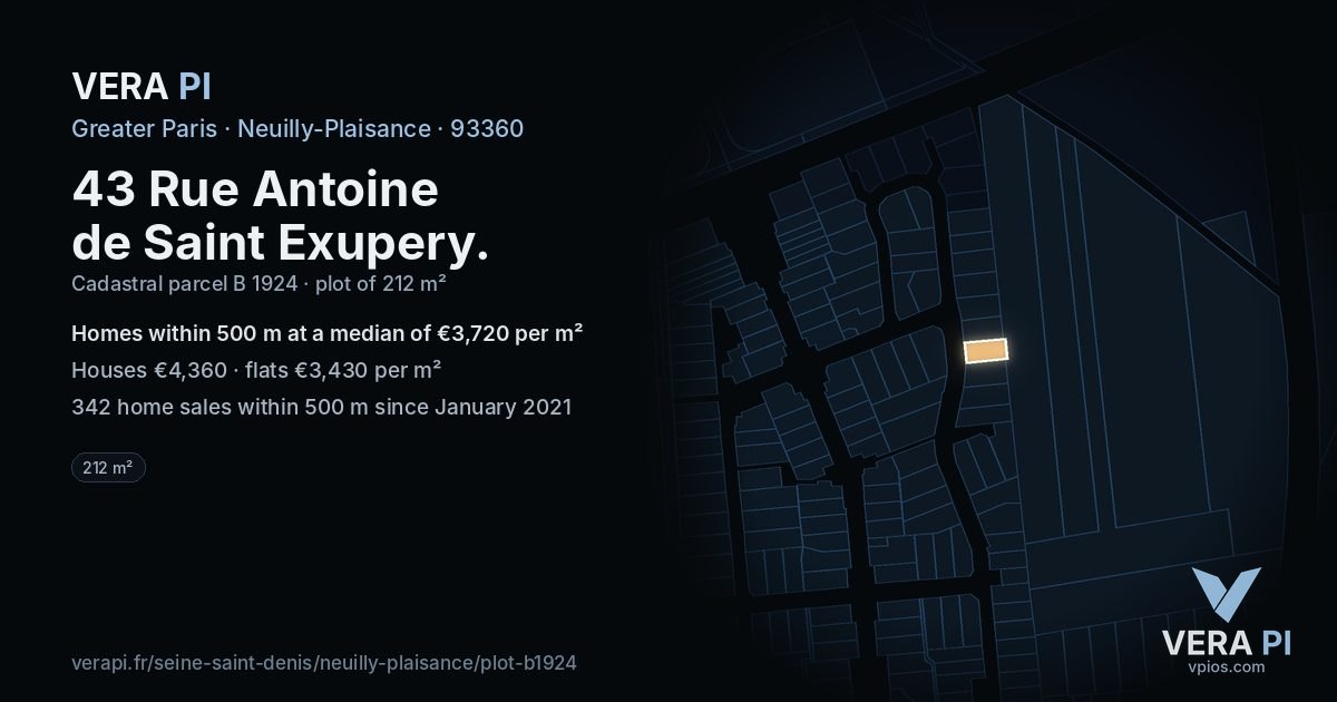 43 Rue Antoine de Saint Exupery, Neuilly-Plaisance at night – the plot lit, the parcels around coloured by the prices near them