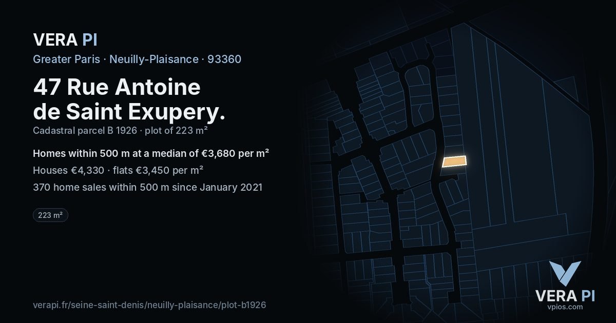 47 Rue Antoine de Saint Exupery, Neuilly-Plaisance at night – the plot lit, the parcels around coloured by the prices near them