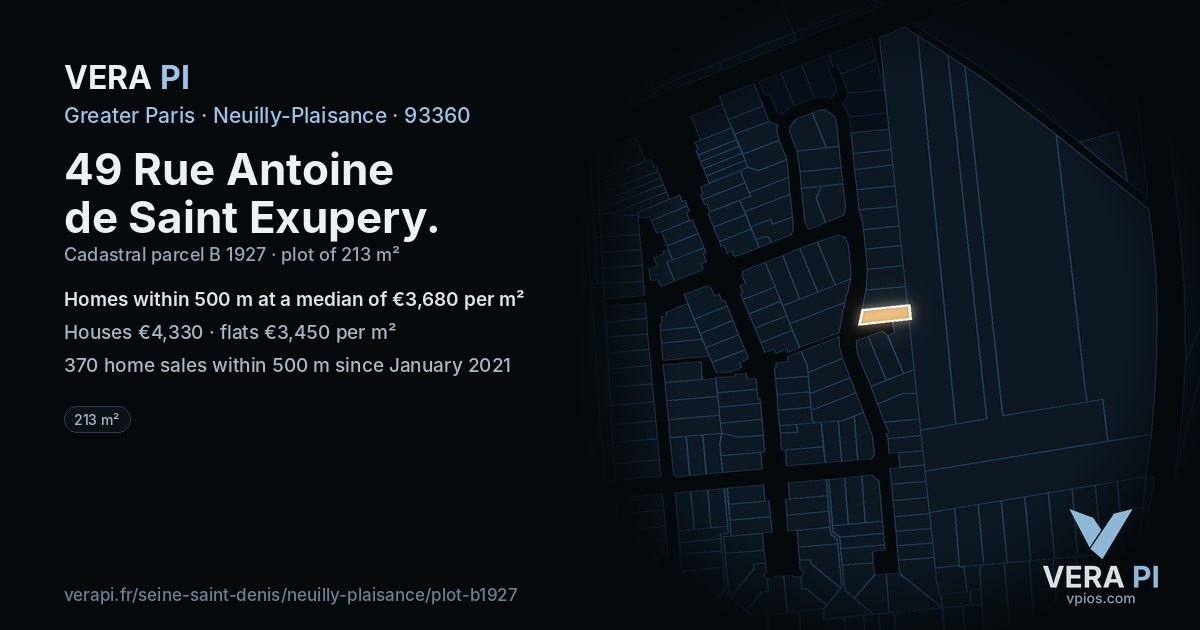 49 Rue Antoine de Saint Exupery, Neuilly-Plaisance at night – the plot lit, the parcels around coloured by the prices near them