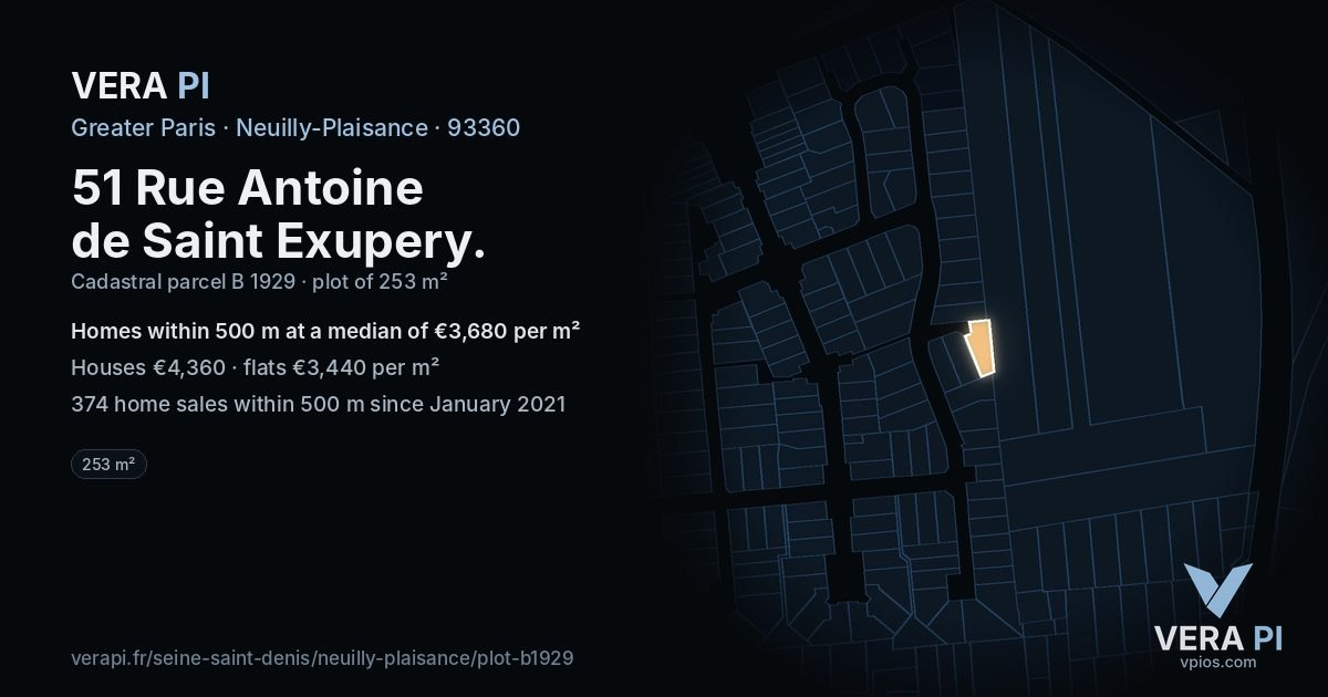 51 Rue Antoine de Saint Exupery, Neuilly-Plaisance at night – the plot lit, the parcels around coloured by the prices near them