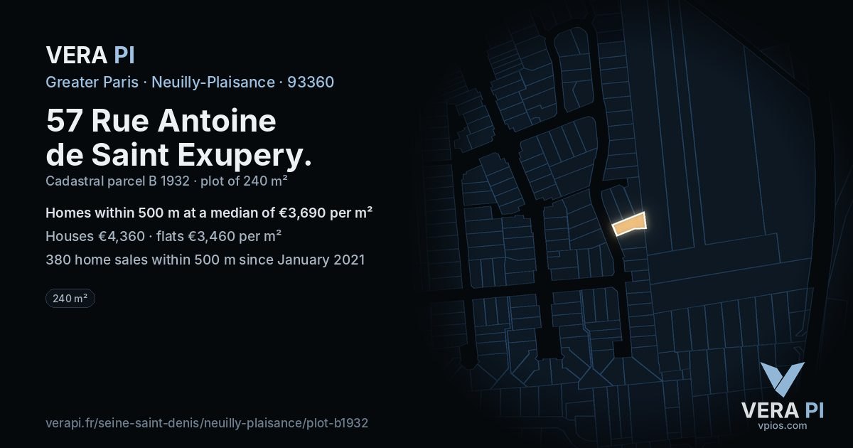 57 Rue Antoine de Saint Exupery, Neuilly-Plaisance at night – the plot lit, the parcels around coloured by the prices near them