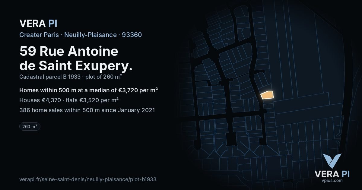 59 Rue Antoine de Saint Exupery, Neuilly-Plaisance at night – the plot lit, the parcels around coloured by the prices near them