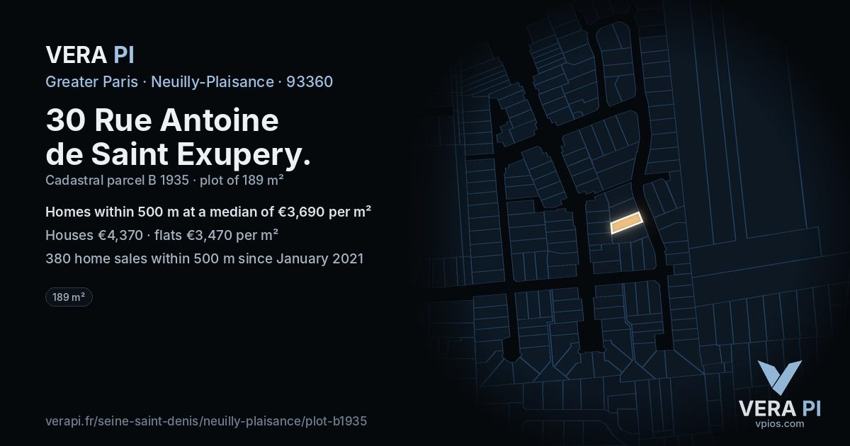 30 Rue Antoine de Saint Exupery, Neuilly-Plaisance at night – the plot lit, the parcels around coloured by the prices near them