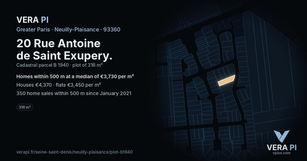 20 Rue Antoine de Saint Exupery, Neuilly-Plaisance at night – the plot lit, the parcels around coloured by the prices near them