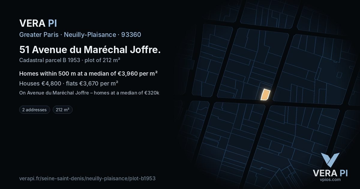 51 Avenue du Maréchal Joffre, Neuilly-Plaisance at night – the plot lit, the parcels around coloured by the prices near them