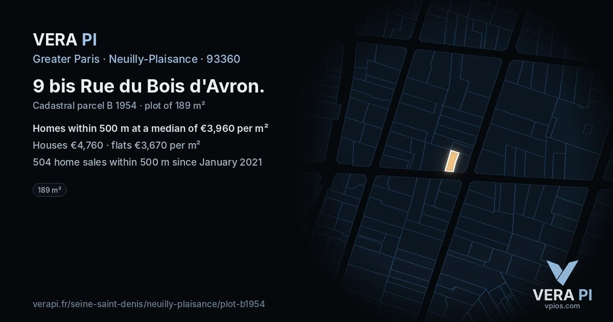 9 bis Rue du Bois d'Avron, Neuilly-Plaisance at night – the plot lit, the parcels around coloured by the prices near them