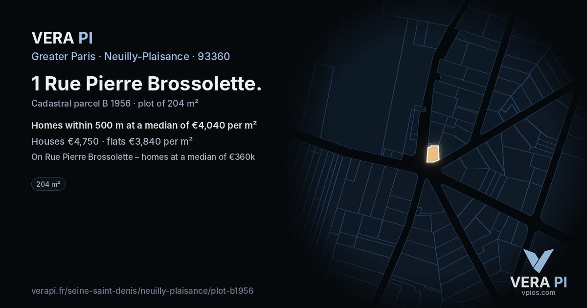 1 Rue Pierre Brossolette, Neuilly-Plaisance at night – the plot lit, the parcels around coloured by the prices near them