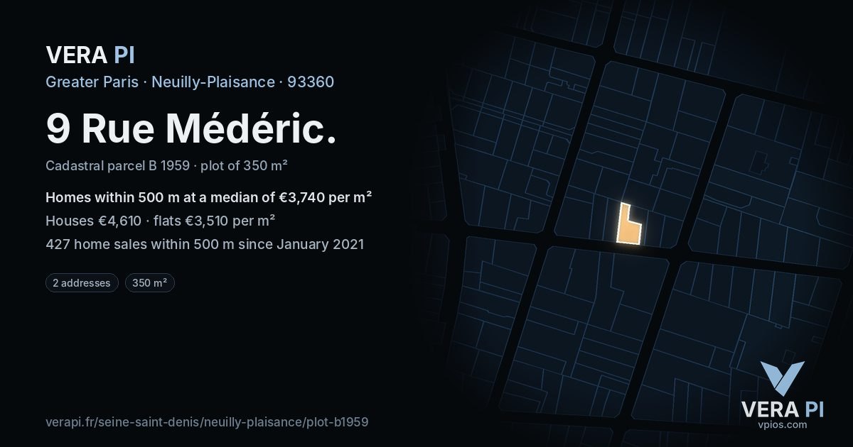 9 Rue Médéric, Neuilly-Plaisance at night – the plot lit, the parcels around coloured by the prices near them