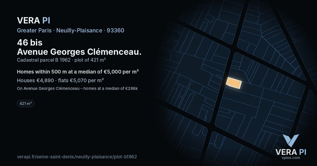46 bis Avenue Georges Clémenceau, Neuilly-Plaisance at night – the plot lit, the parcels around coloured by the prices near them