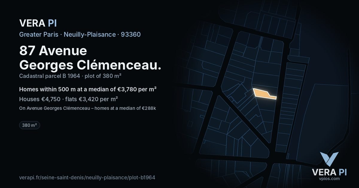 87 Avenue Georges Clémenceau, Neuilly-Plaisance at night – the plot lit, the parcels around coloured by the prices near them