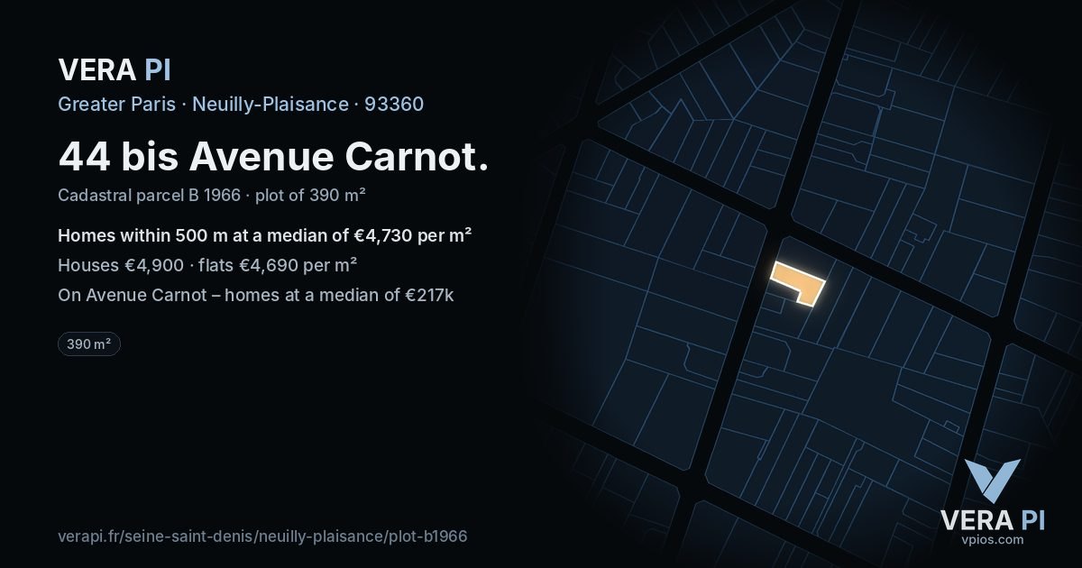 44 bis Avenue Carnot, Neuilly-Plaisance at night – the plot lit, the parcels around coloured by the prices near them