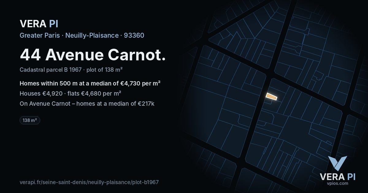 44 Avenue Carnot, Neuilly-Plaisance at night – the plot lit, the parcels around coloured by the prices near them
