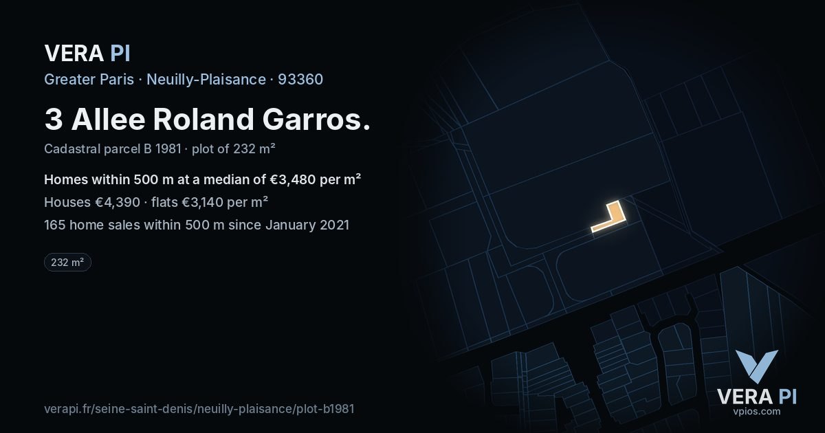 3 Allee Roland Garros, Neuilly-Plaisance at night – the plot lit, the parcels around coloured by the prices near them