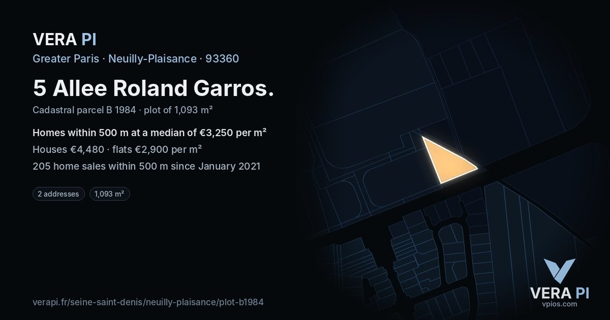 5 Allee Roland Garros, Neuilly-Plaisance at night – the plot lit, the parcels around coloured by the prices near them