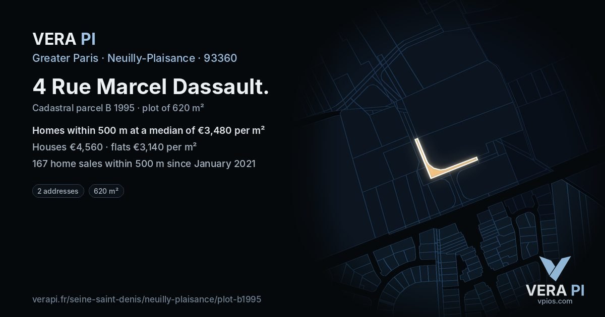 4 Rue Marcel Dassault, Neuilly-Plaisance at night – the plot lit, the parcels around coloured by the prices near them