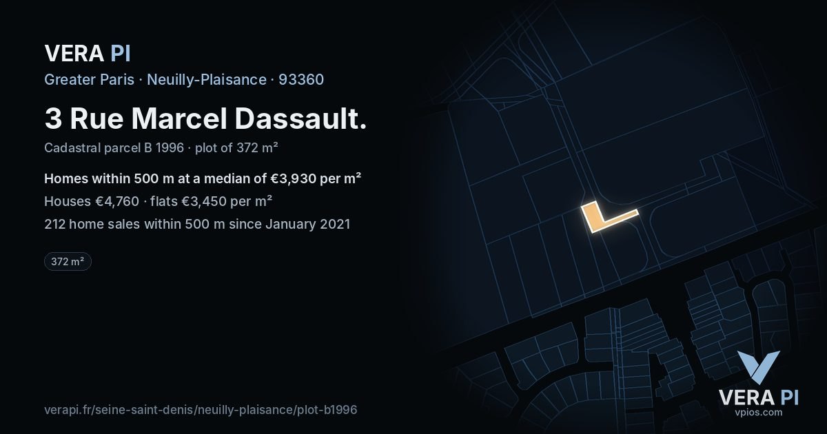 3 Rue Marcel Dassault, Neuilly-Plaisance at night – the plot lit, the parcels around coloured by the prices near them
