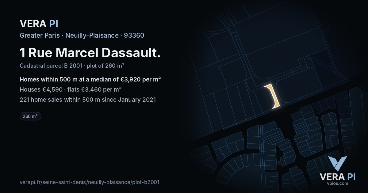1 Rue Marcel Dassault, Neuilly-Plaisance at night – the plot lit, the parcels around coloured by the prices near them