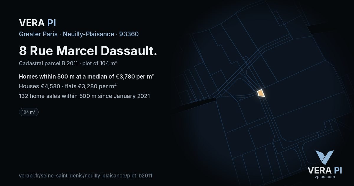 8 Rue Marcel Dassault, Neuilly-Plaisance at night – the plot lit, the parcels around coloured by the prices near them