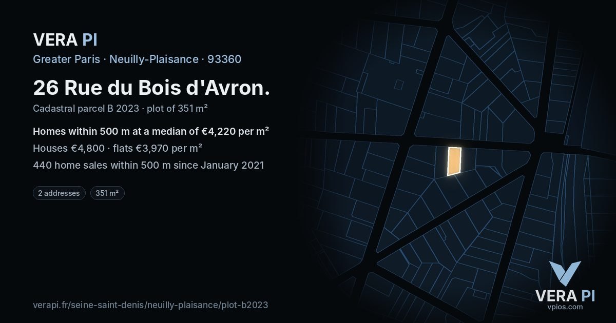 26 Rue du Bois d'Avron, Neuilly-Plaisance at night – the plot lit, the parcels around coloured by the prices near them