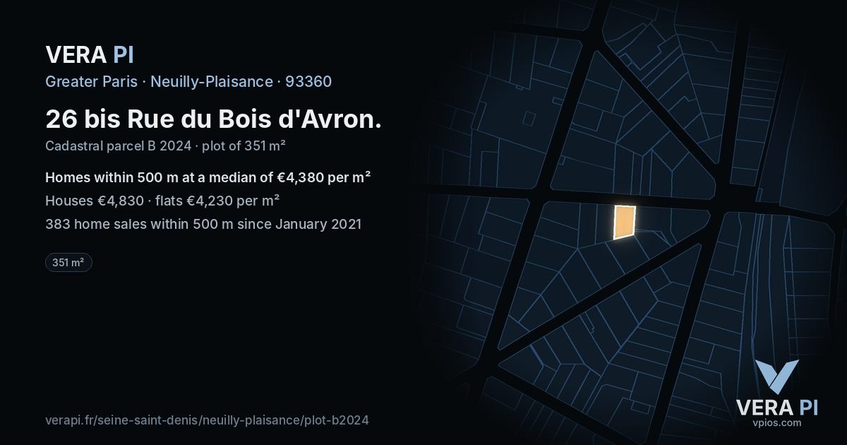 26 bis Rue du Bois d'Avron, Neuilly-Plaisance at night – the plot lit, the parcels around coloured by the prices near them