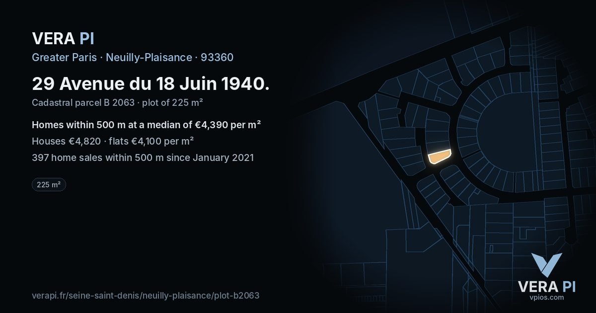 29 Avenue du 18 Juin 1940, Neuilly-Plaisance at night – the plot lit, the parcels around coloured by the prices near them