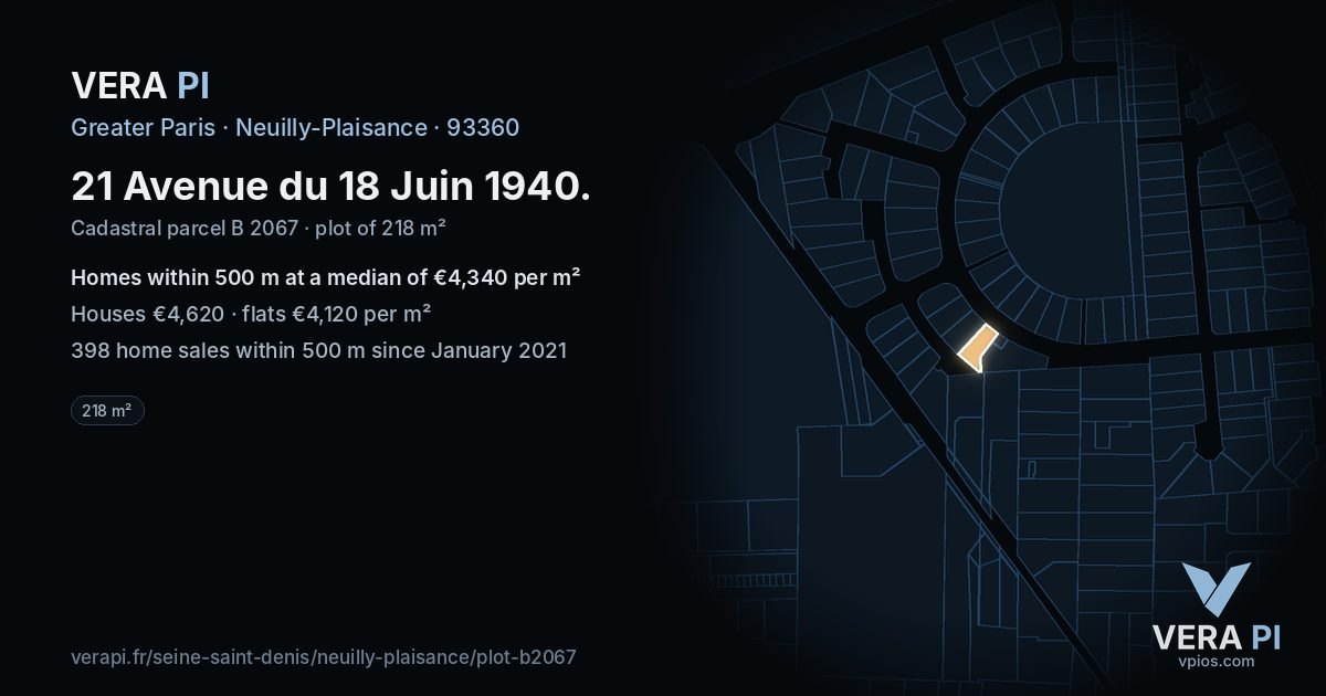 21 Avenue du 18 Juin 1940, Neuilly-Plaisance at night – the plot lit, the parcels around coloured by the prices near them