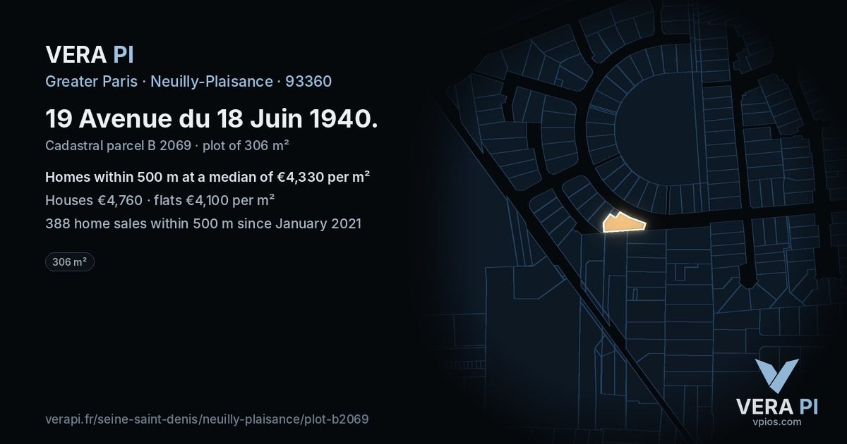 19 Avenue du 18 Juin 1940, Neuilly-Plaisance at night – the plot lit, the parcels around coloured by the prices near them