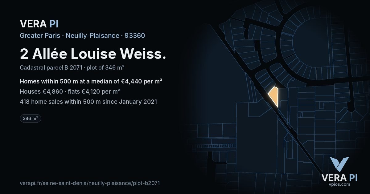 2 Allée Louise Weiss, Neuilly-Plaisance at night – the plot lit, the parcels around coloured by the prices near them