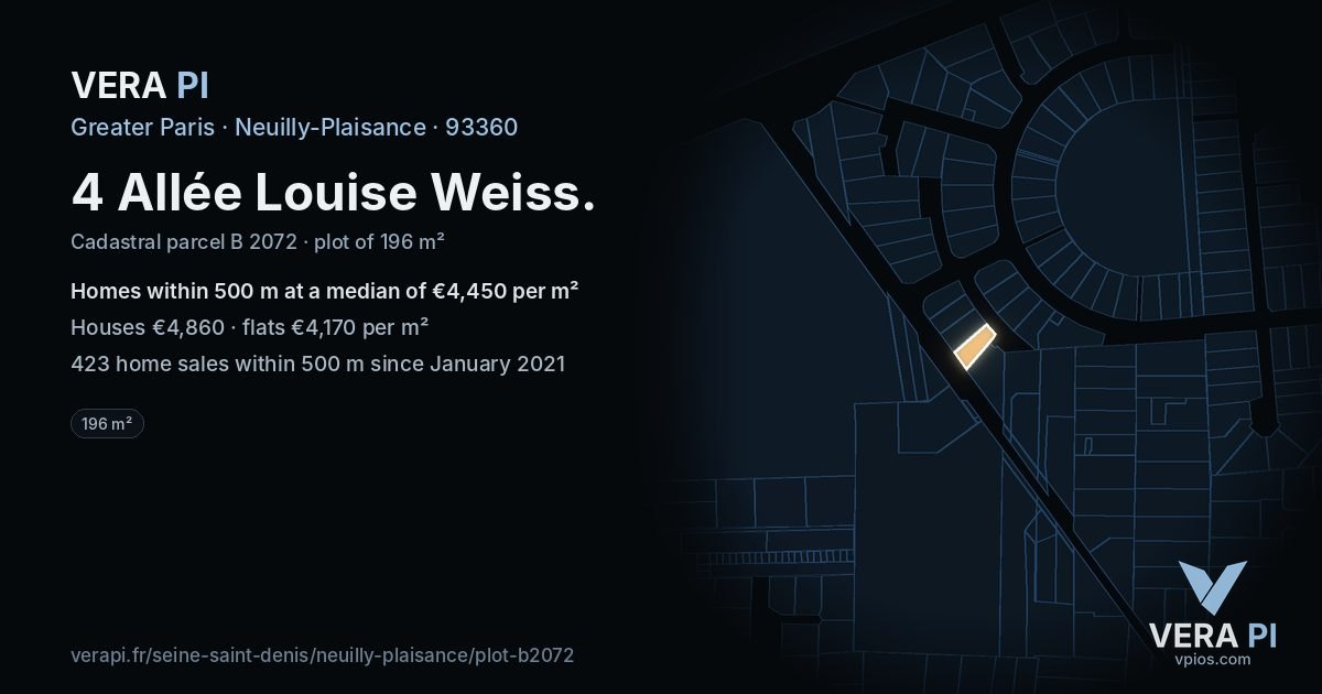 4 Allée Louise Weiss, Neuilly-Plaisance at night – the plot lit, the parcels around coloured by the prices near them