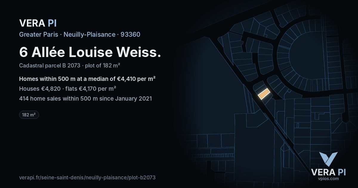 6 Allée Louise Weiss, Neuilly-Plaisance at night – the plot lit, the parcels around coloured by the prices near them