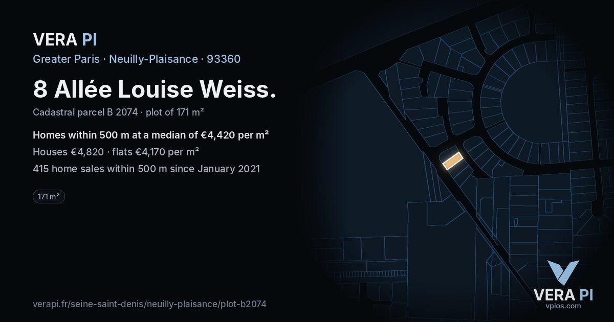 8 Allée Louise Weiss, Neuilly-Plaisance at night – the plot lit, the parcels around coloured by the prices near them